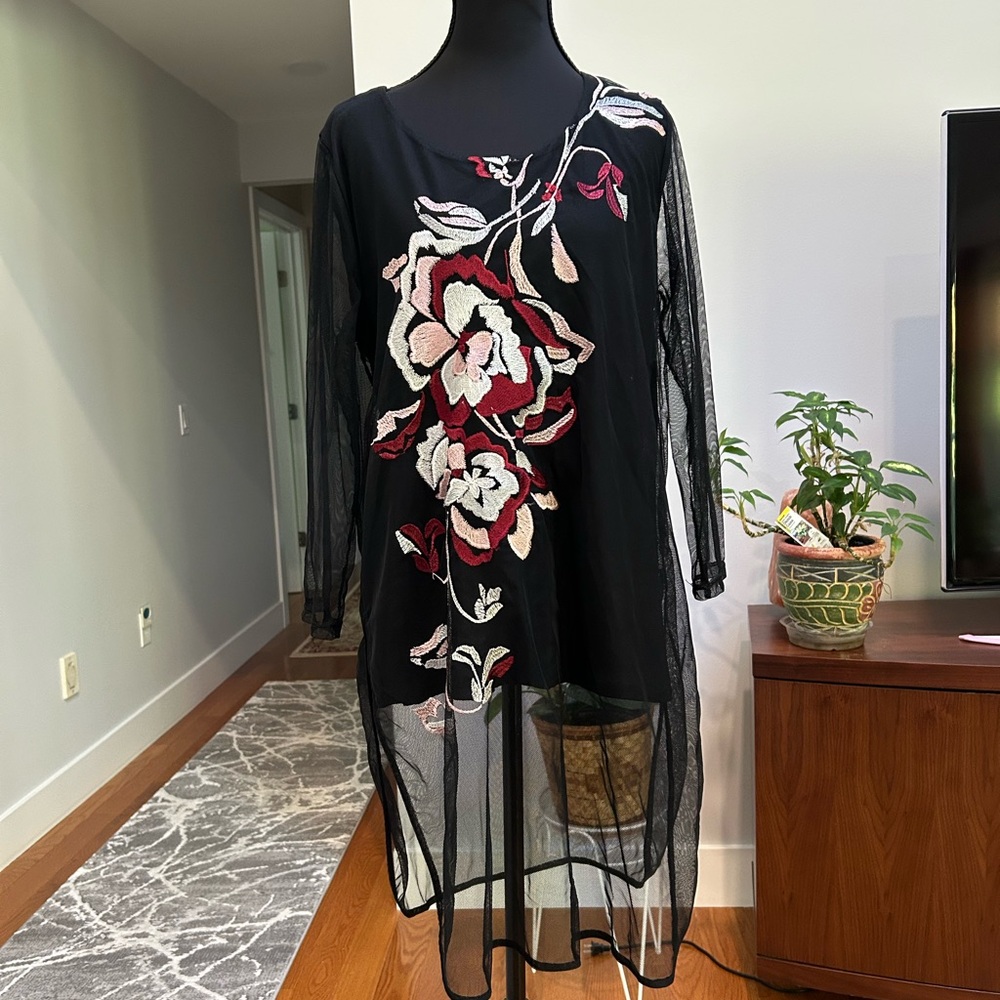Alfani Black tunic with Red and White Floral Design